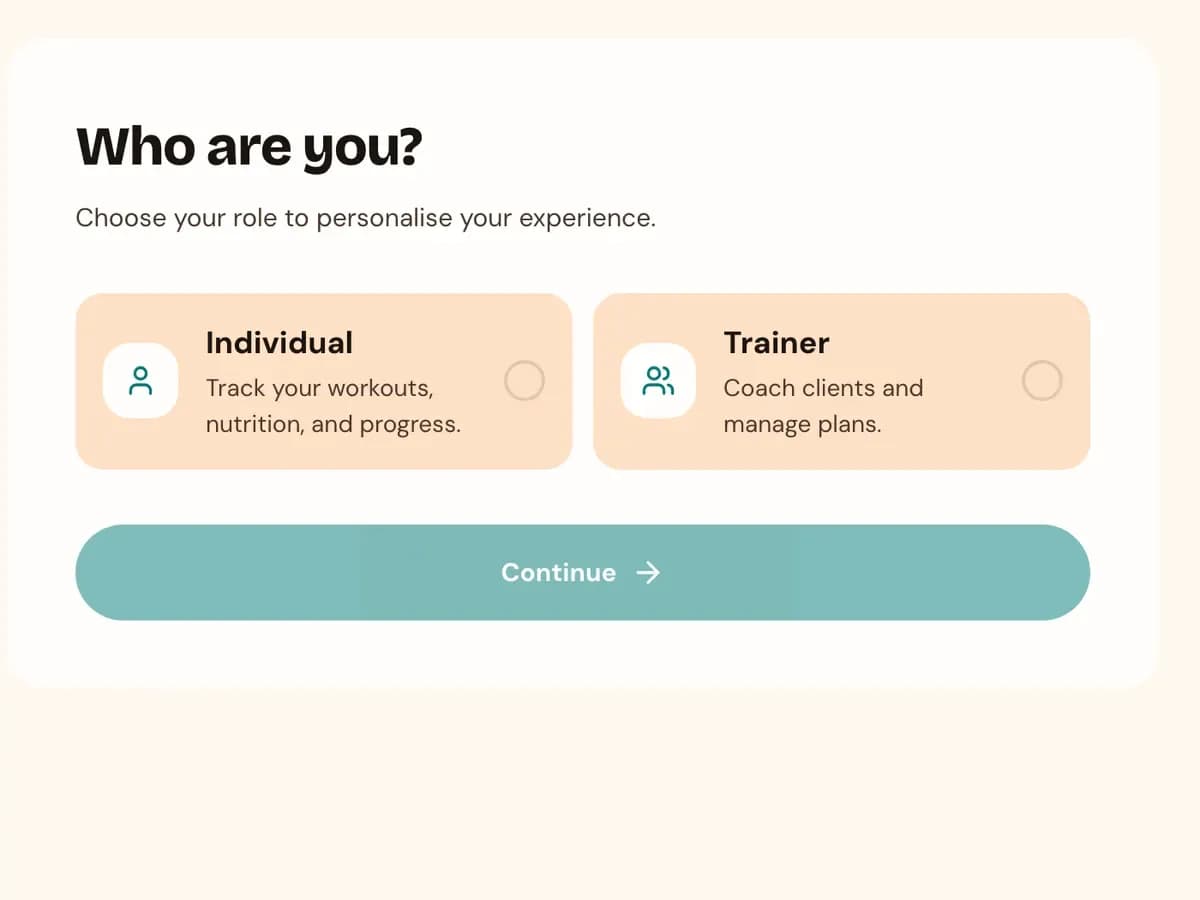koholo’s onboarding screen asking "Who are you?" with Individual and Trainer role options to choose from before continuing.