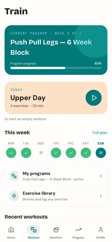 The Workout page on a phone-sized screen.