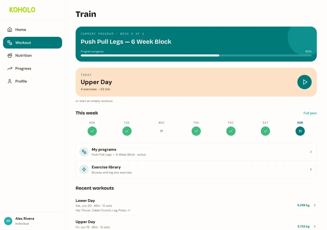 The Workout page showing week 5 of a 6-week program at 60% progress, a weekly calendar with completed days checked off, and a multi-week recent workout history with real durations and loads.