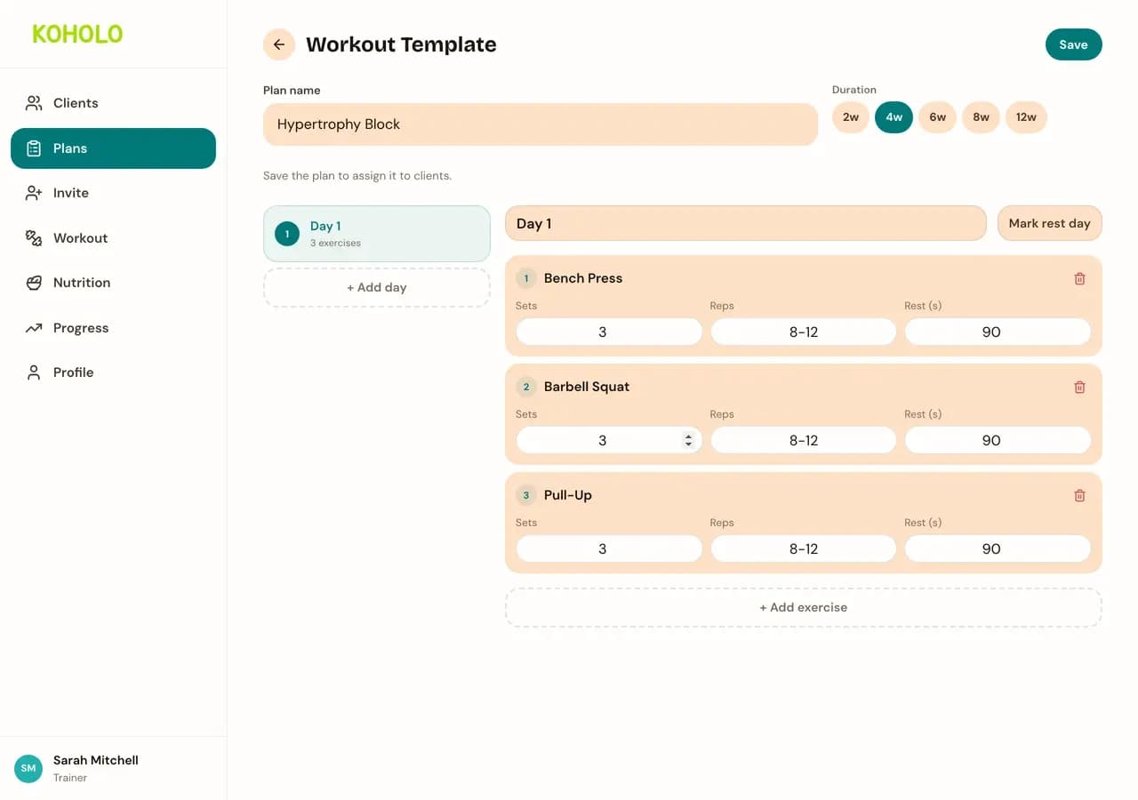 The workout template builder showing a plan named "Hypertrophy Block", a 4-week duration selected, and Day 1 with three exercises already added: Bench Press, Barbell Squat, and Pull-Up.