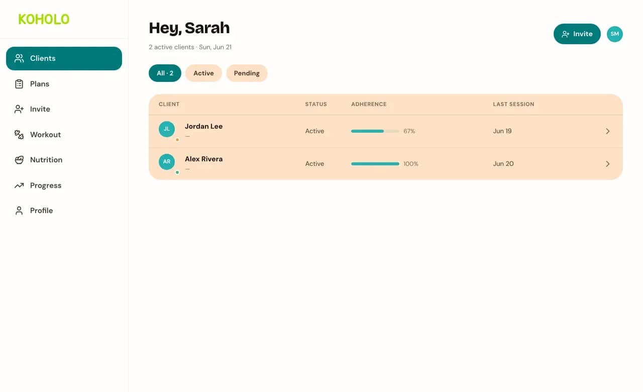The trainer dashboard listing two clients with their status, adherence percentage, and last session date.