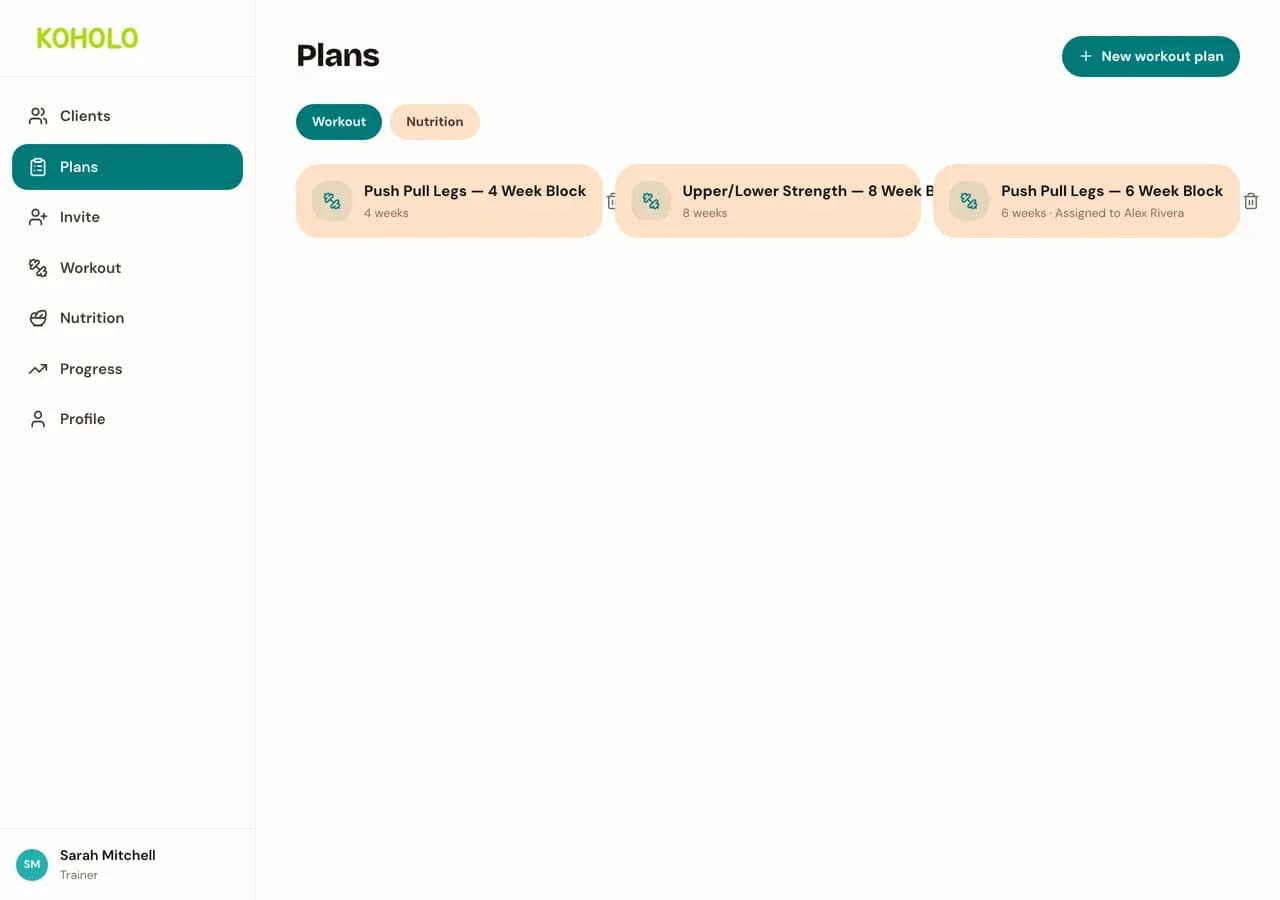 The Plans page listing three saved workout plans with their durations, one of them showing it is assigned to a client.