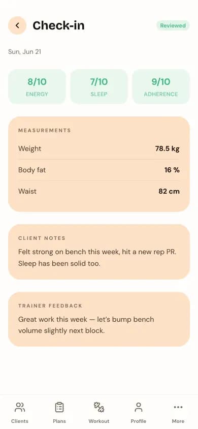 A client check-in review screen on a phone-sized screen.
